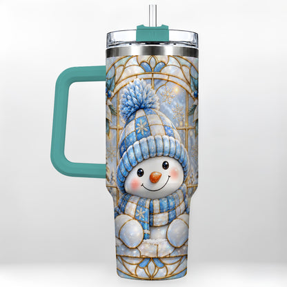 #pl[40oz|Green] Stained Glass Snowman 40oz Tumbler with Handle, Winter Travel Cup
