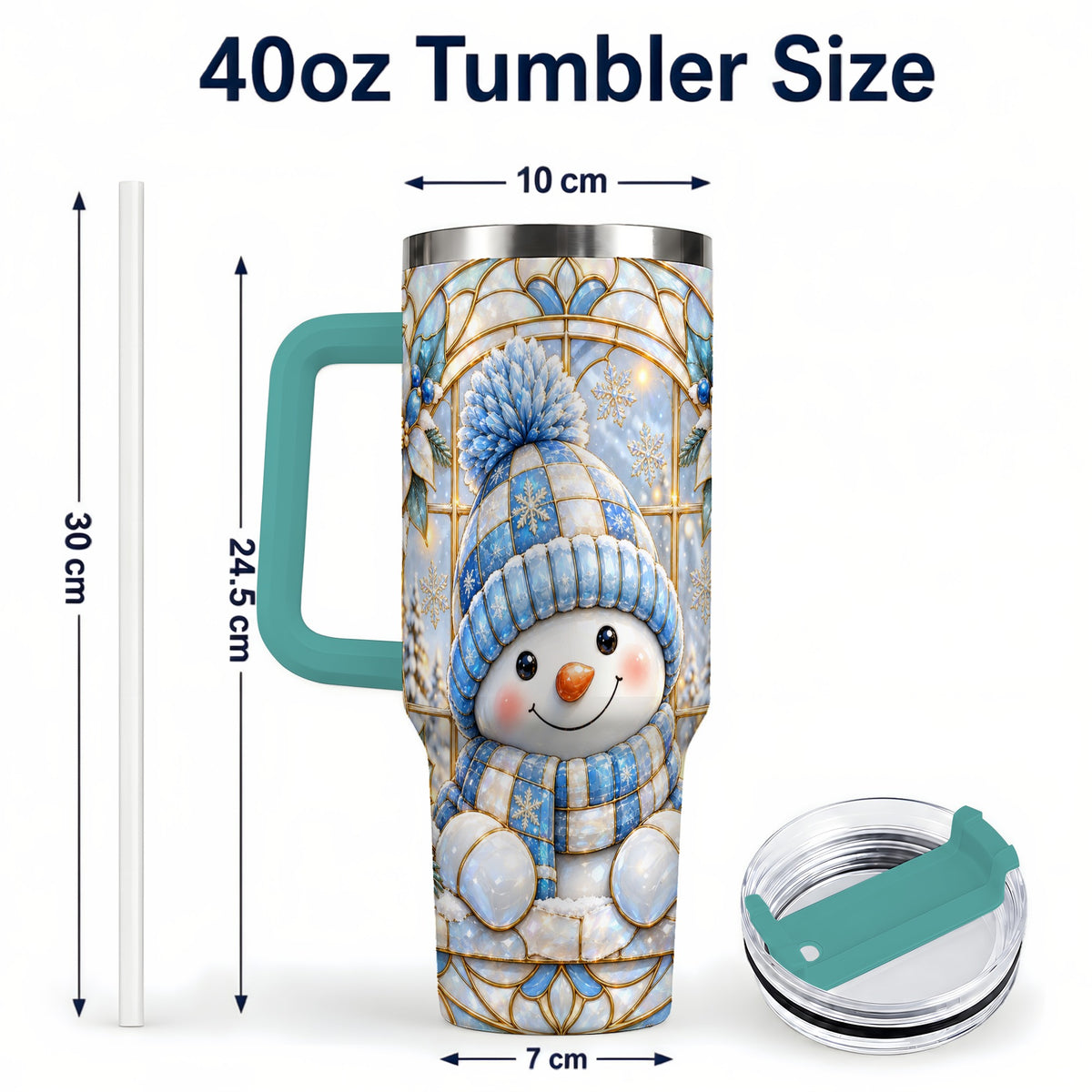 #pl[40oz|Green] Stained Glass Snowman 40oz Tumbler with Handle, Winter Travel Cup