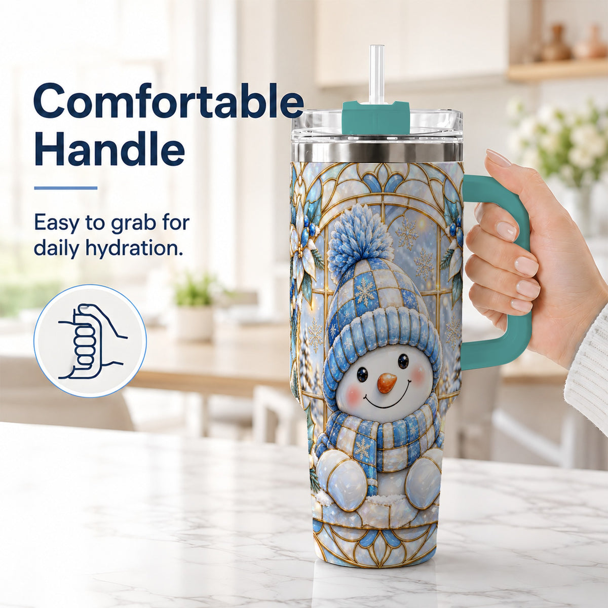 #pl[40oz|Green] Stained Glass Snowman 40oz Tumbler with Handle, Winter Travel Cup