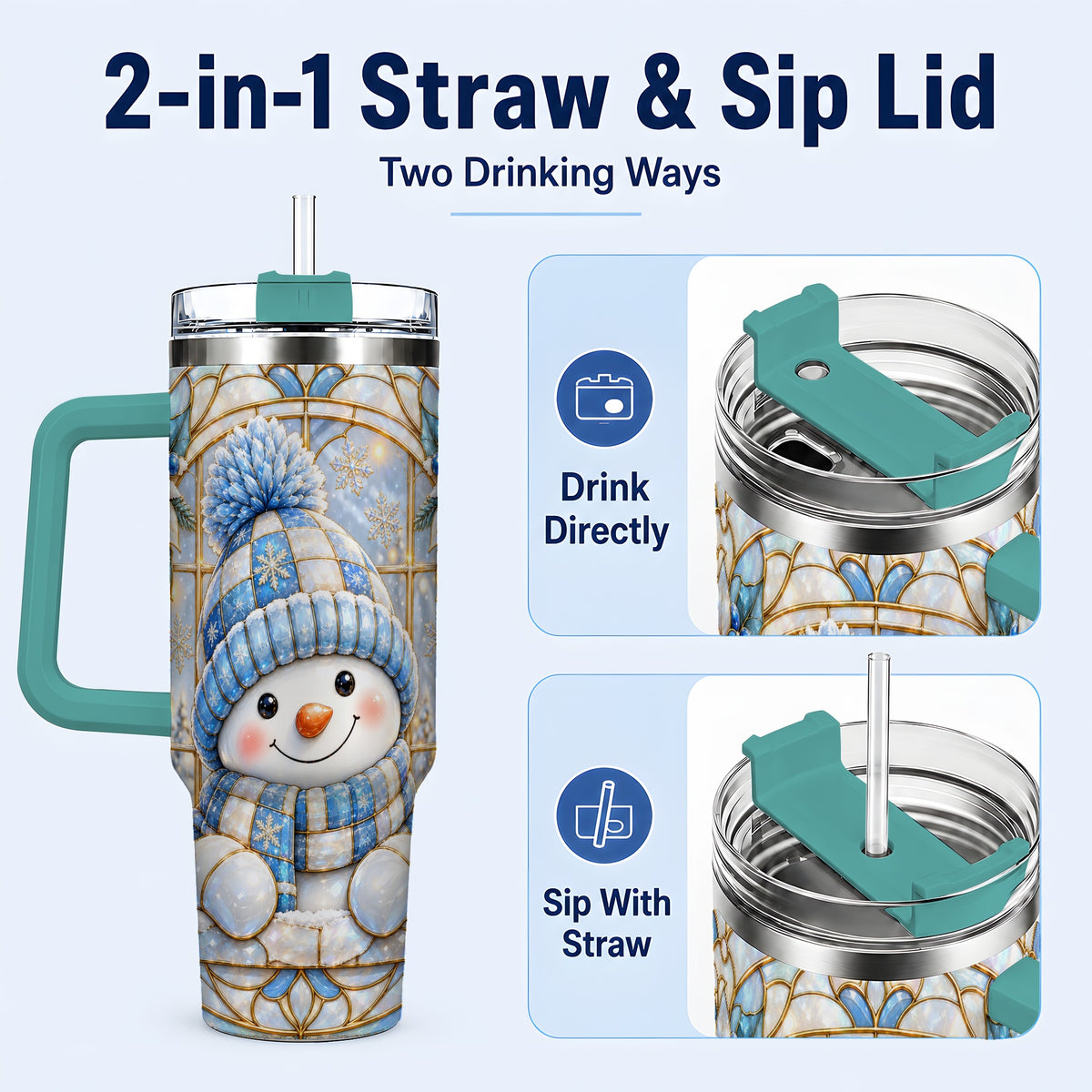 #pl[40oz|Green] Stained Glass Snowman 40oz Tumbler with Handle, Winter Travel Cup
