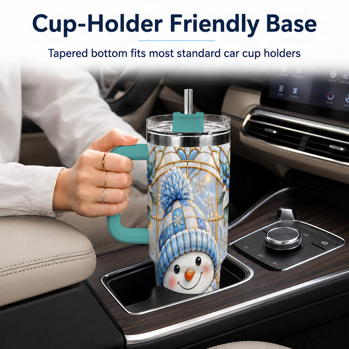 #pl[40oz|Green] Stained Glass Snowman 40oz Tumbler with Handle, Winter Travel Cup