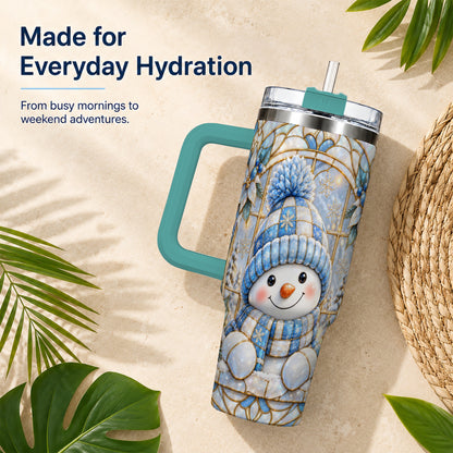#pl[40oz|Green] Stained Glass Snowman 40oz Tumbler with Handle, Winter Travel Cup