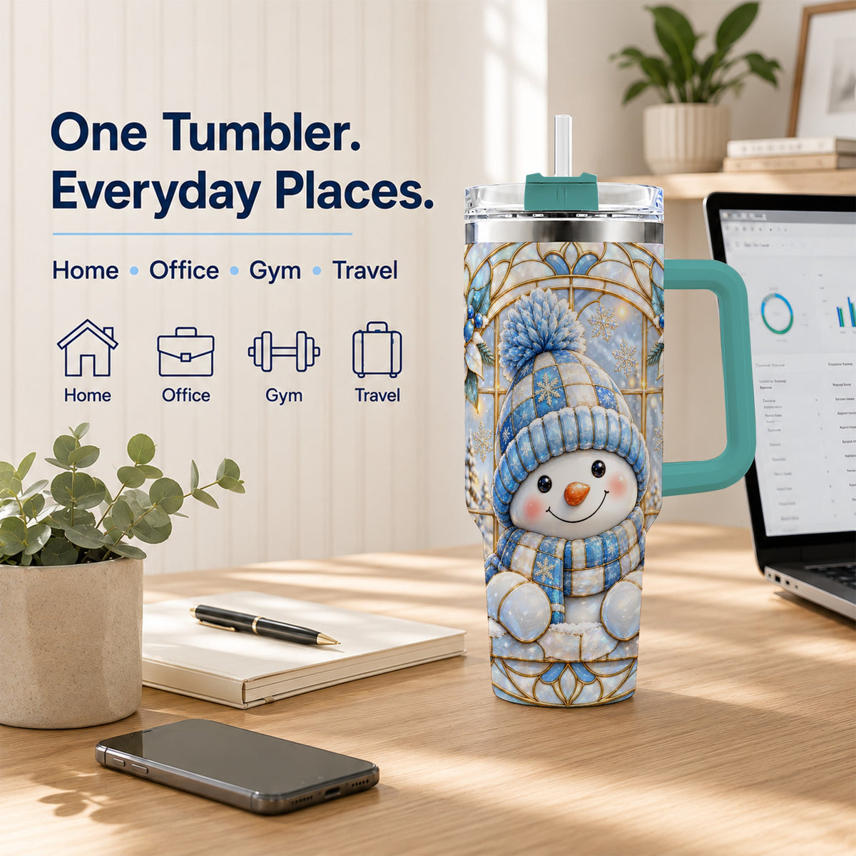 #pl[40oz|Green] Stained Glass Snowman 40oz Tumbler with Handle, Winter Travel Cup