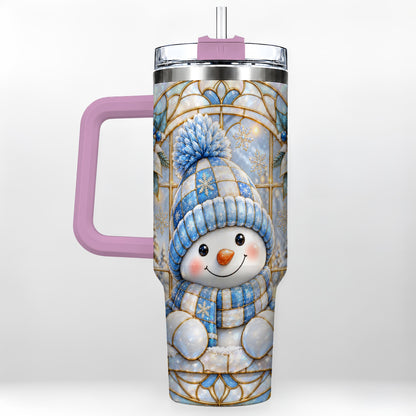 #pl[40oz|Pink] Stained Glass Snowman 40oz Tumbler with Handle, Winter Travel Cup