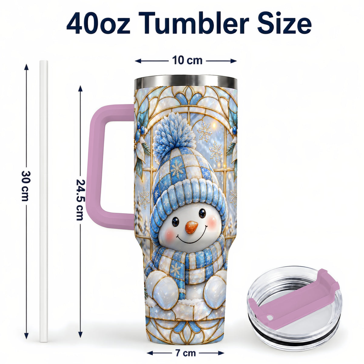 #pl[40oz|Pink] Stained Glass Snowman 40oz Tumbler with Handle, Winter Travel Cup
