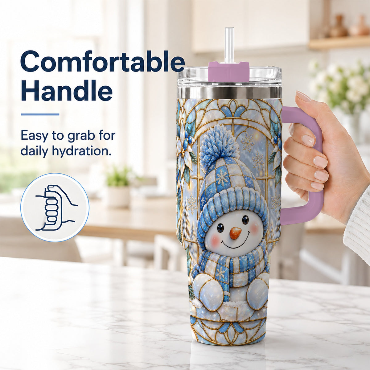 #pl[40oz|Pink] Stained Glass Snowman 40oz Tumbler with Handle, Winter Travel Cup