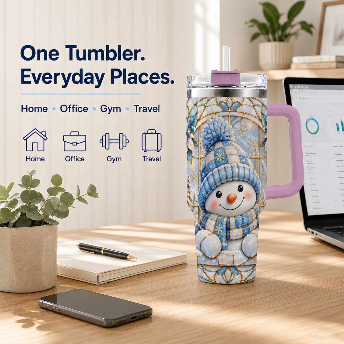 #pl[40oz|Pink] Stained Glass Snowman 40oz Tumbler with Handle, Winter Travel Cup