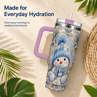#pl[40oz|Pink] Stained Glass Snowman 40oz Tumbler with Handle, Winter Travel Cup