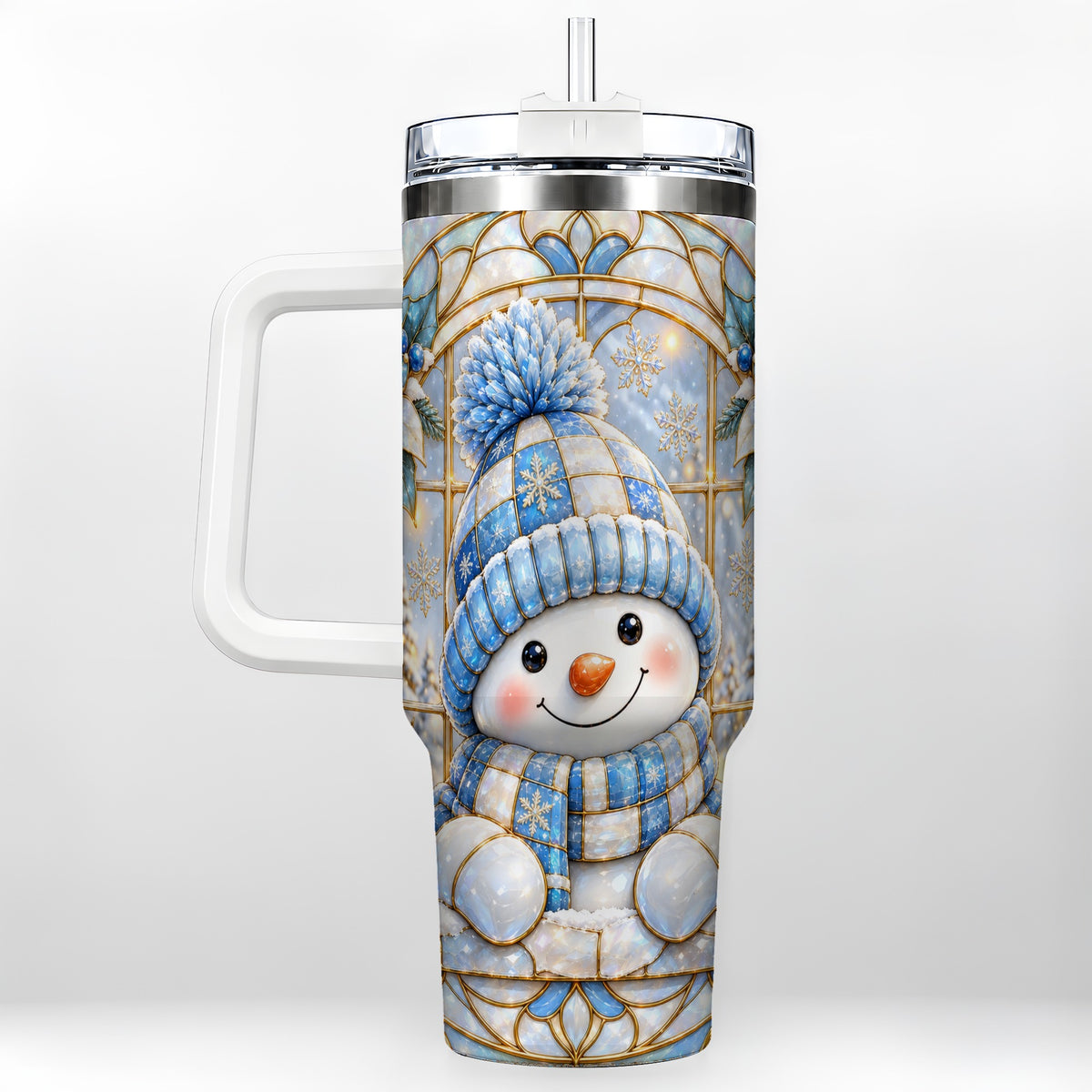 Stained Glass Snowman 40oz Tumbler with Handle, Winter Travel Cup