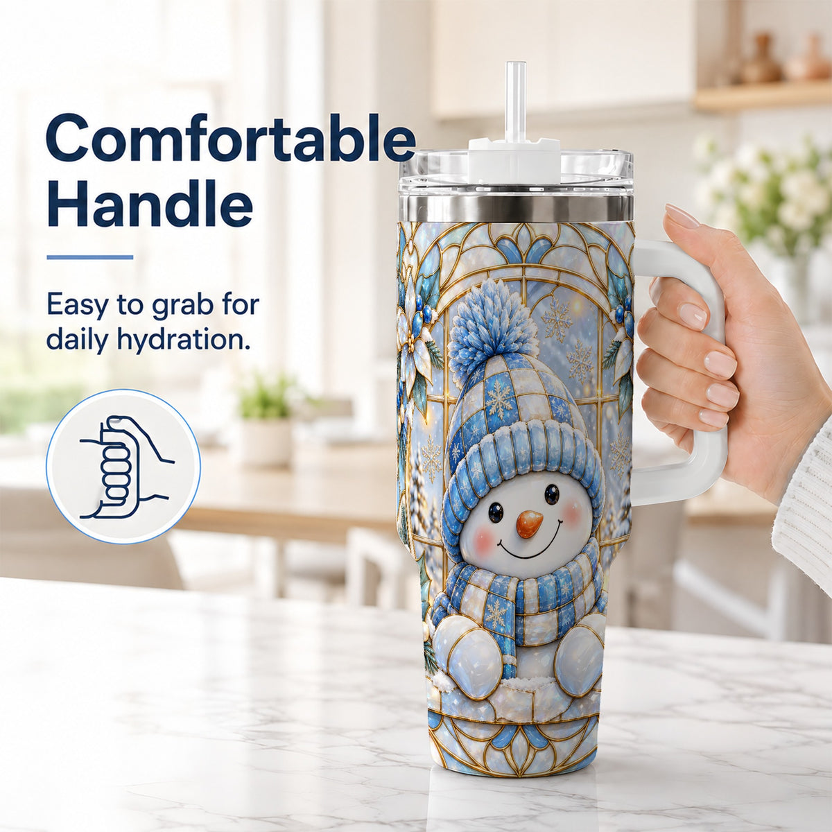 #pl[40oz|White] Stained Glass Snowman 40oz Tumbler with Handle, Winter Travel Cup