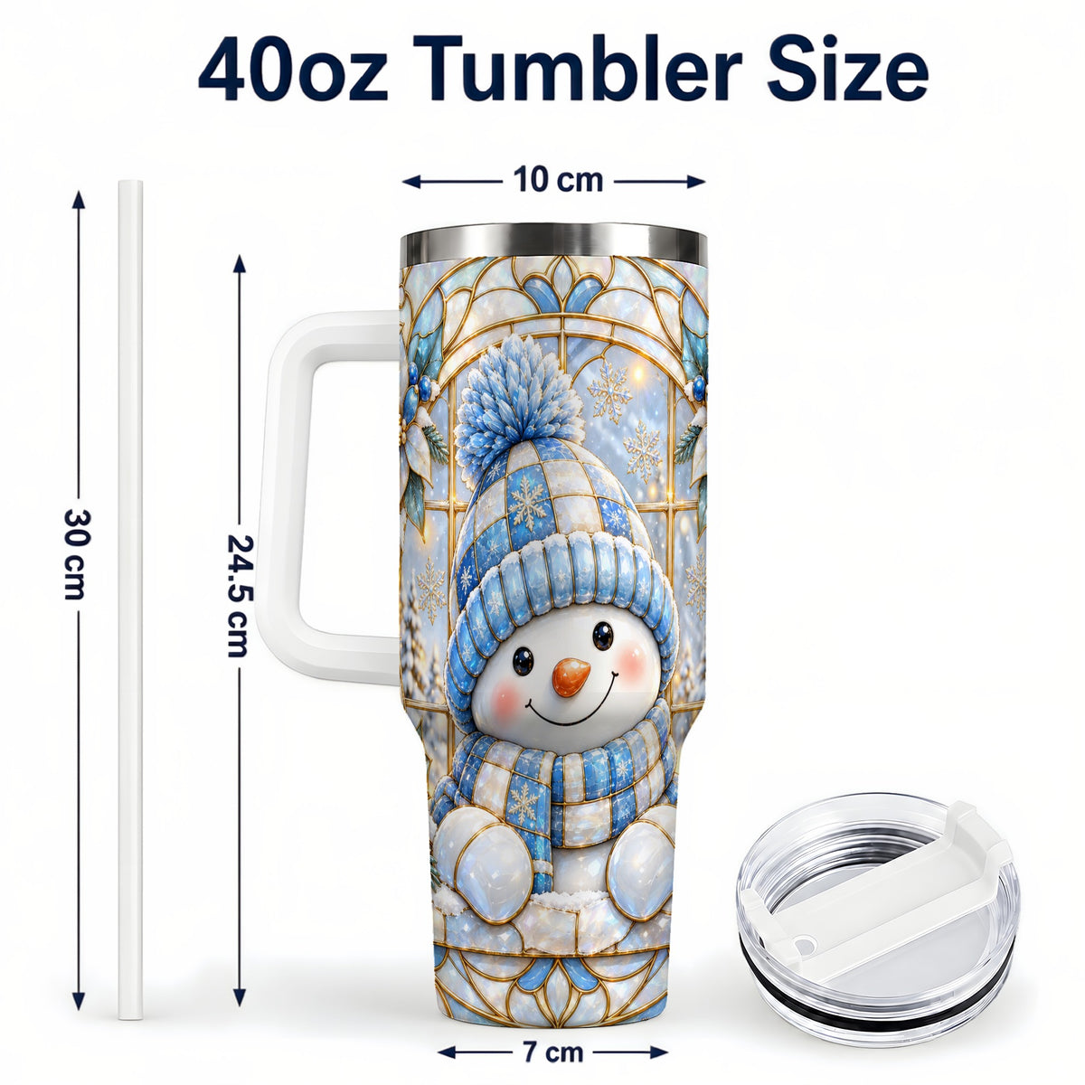 #pl[40oz|White] Stained Glass Snowman 40oz Tumbler with Handle, Winter Travel Cup