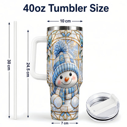 #pl[40oz|White] Stained Glass Snowman 40oz Tumbler with Handle, Winter Travel Cup