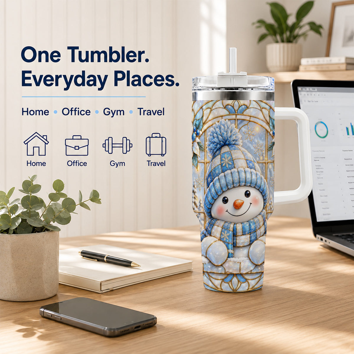 #pl[40oz|White] Stained Glass Snowman 40oz Tumbler with Handle, Winter Travel Cup