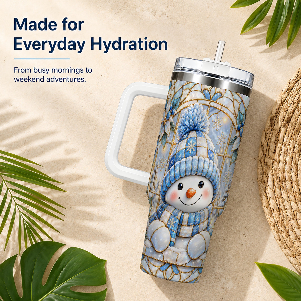 #pl[40oz|White] Stained Glass Snowman 40oz Tumbler with Handle, Winter Travel Cup