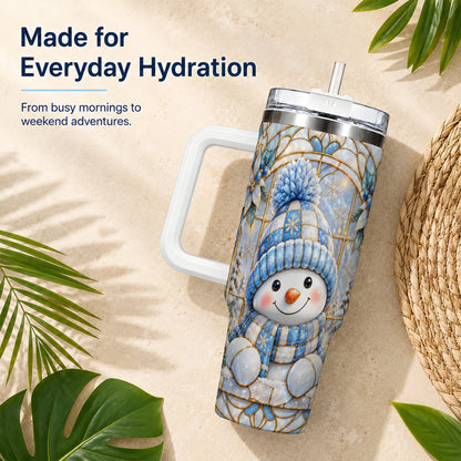 #pl[40oz|White] Stained Glass Snowman 40oz Tumbler with Handle, Winter Travel Cup