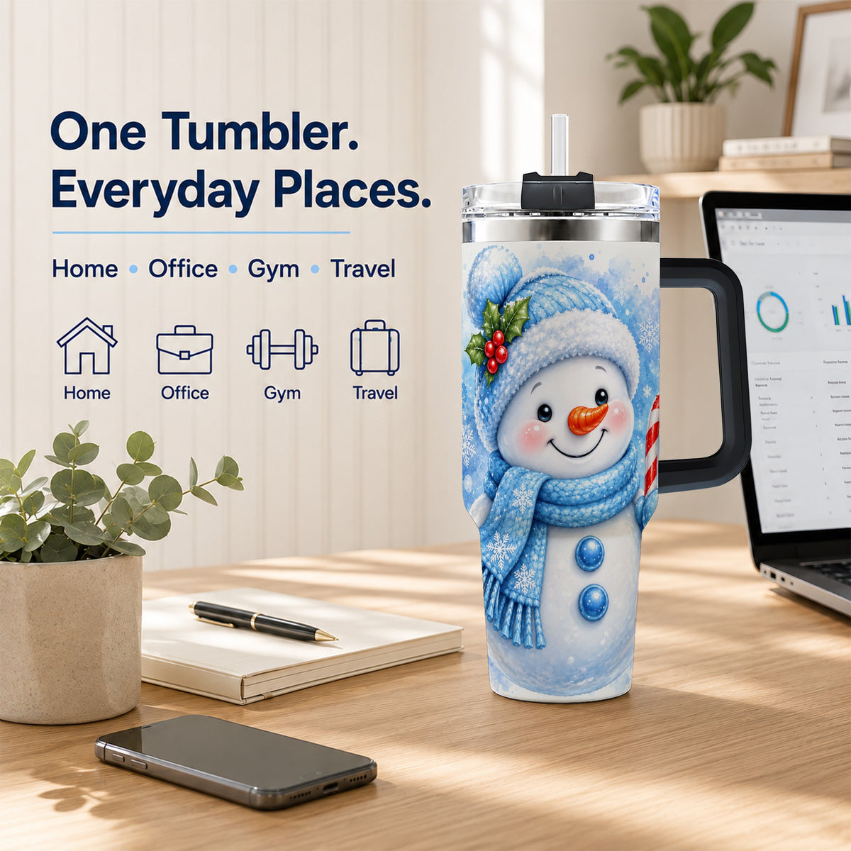 #pl[40oz|Black] Blue Snowman 40oz Tumbler with Handle, Winter Stainless Steel Travel Cup