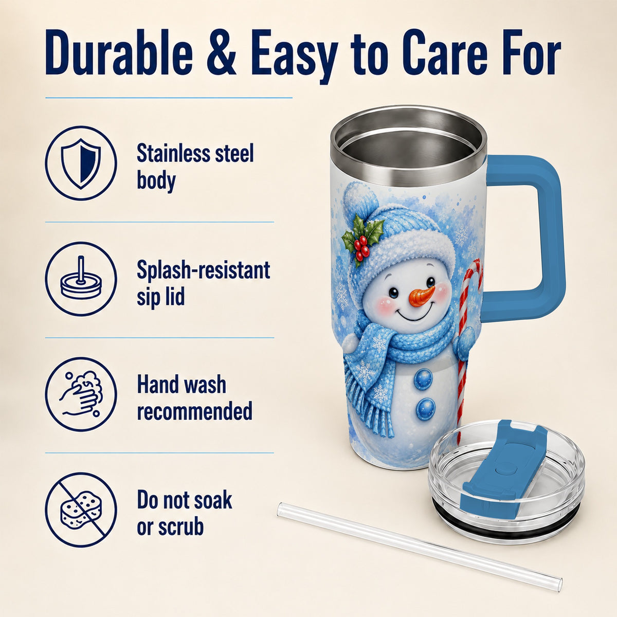 #pl[40oz|Blue] Blue Snowman 40oz Tumbler with Handle, Winter Stainless Steel Travel Cup