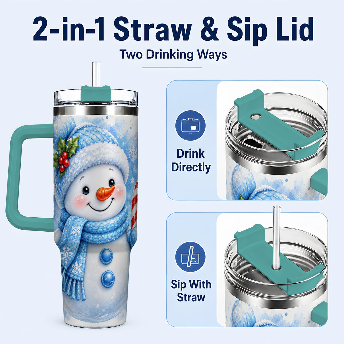 #pl[40oz|Green] Blue Snowman 40oz Tumbler with Handle, Winter Stainless Steel Travel Cup
