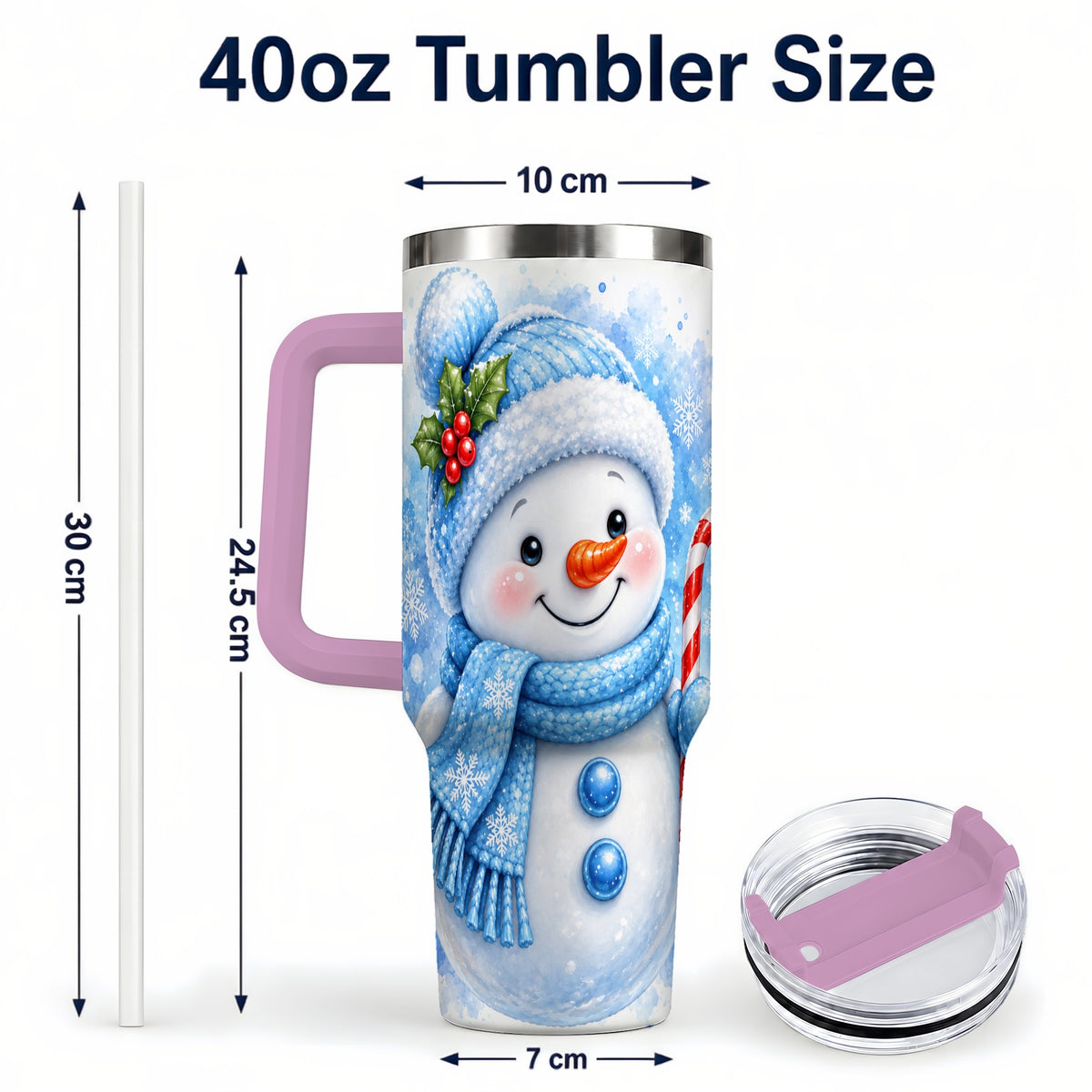 #pl[40oz|Pink] Blue Snowman 40oz Tumbler with Handle, Winter Stainless Steel Travel Cup