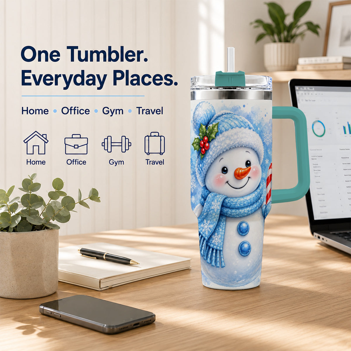 #pl[40oz|Green] Blue Snowman 40oz Tumbler with Handle, Winter Stainless Steel Travel Cup