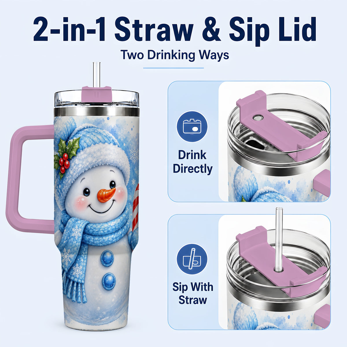 #pl[40oz|Pink] Blue Snowman 40oz Tumbler with Handle, Winter Stainless Steel Travel Cup
