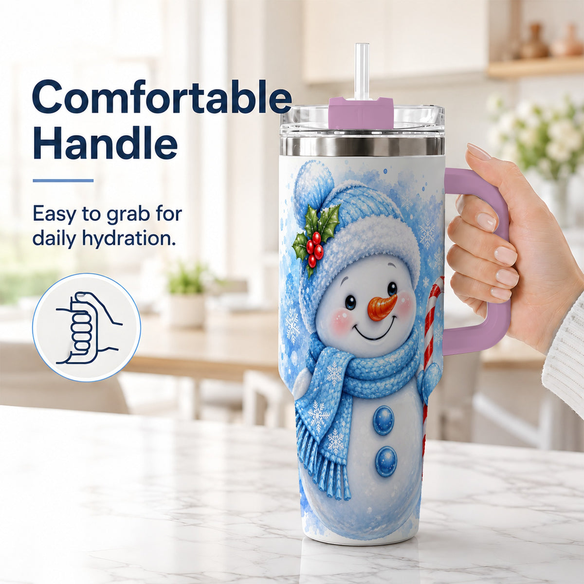 #pl[40oz|Pink] Blue Snowman 40oz Tumbler with Handle, Winter Stainless Steel Travel Cup