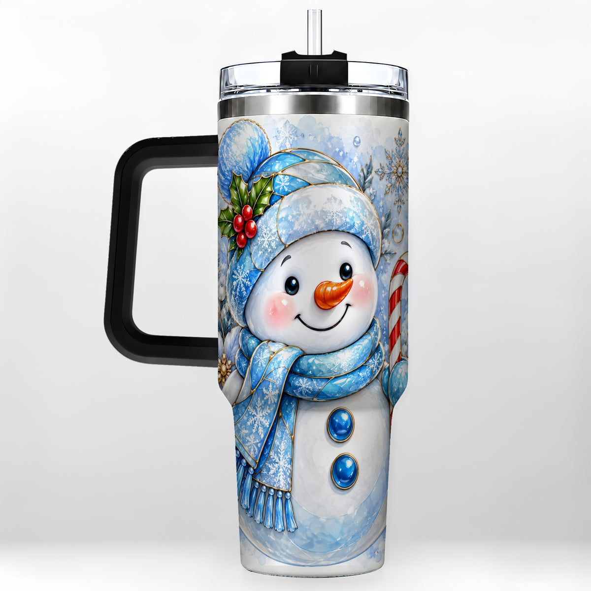 #pl[40oz|Black] Elegant Snowman 40oz Tumbler with Handle, Floral Stainless Steel Travel Cup