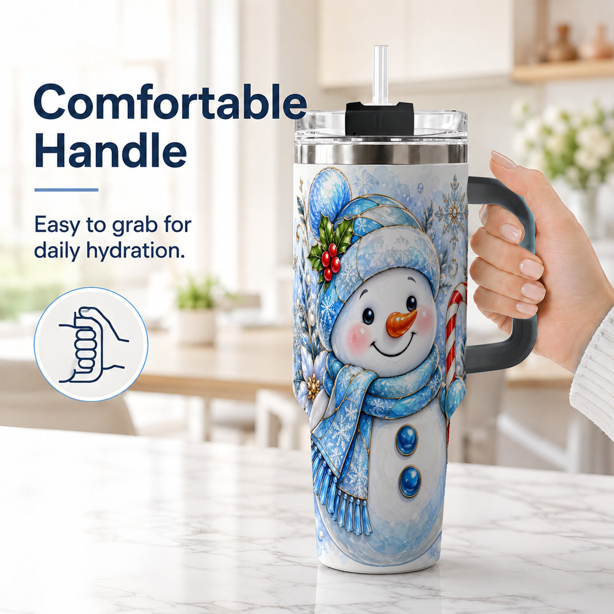 #pl[40oz|Black] Elegant Snowman 40oz Tumbler with Handle, Floral Stainless Steel Travel Cup