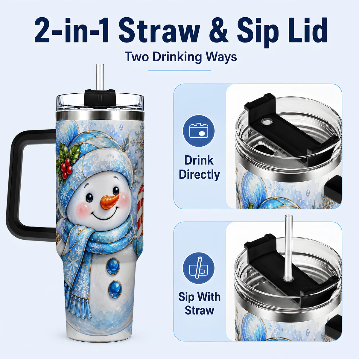 #pl[40oz|Black] Elegant Snowman 40oz Tumbler with Handle, Floral Stainless Steel Travel Cup