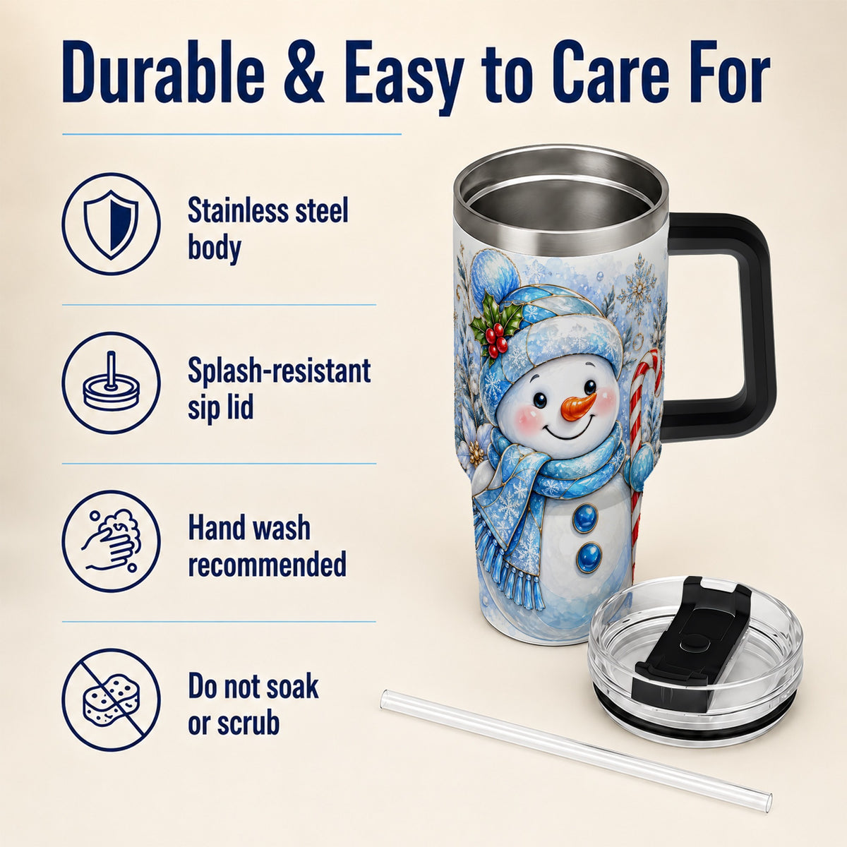 #pl[40oz|Black] Elegant Snowman 40oz Tumbler with Handle, Floral Stainless Steel Travel Cup