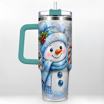 #pl[40oz|Green] Elegant Snowman 40oz Tumbler with Handle, Floral Stainless Steel Travel Cup