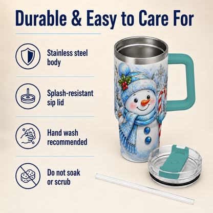 #pl[40oz|Green] Elegant Snowman 40oz Tumbler with Handle, Floral Stainless Steel Travel Cup