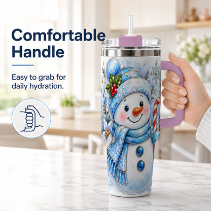 #pl[40oz|Pink] Elegant Snowman 40oz Tumbler with Handle, Floral Stainless Steel Travel Cup