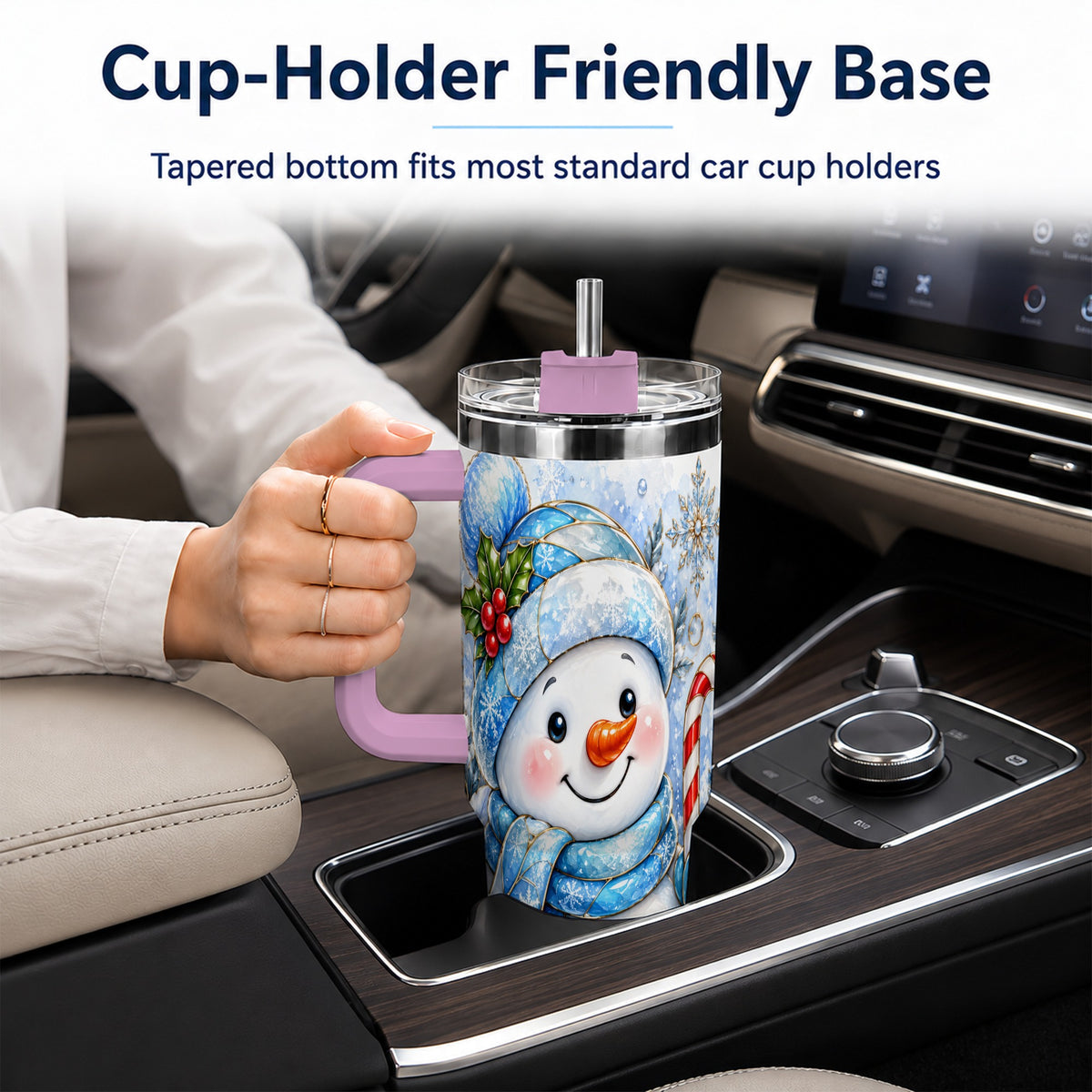 #pl[40oz|Pink] Elegant Snowman 40oz Tumbler with Handle, Floral Stainless Steel Travel Cup