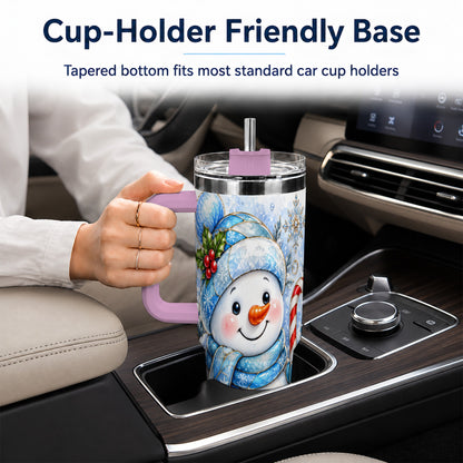 #pl[40oz|Pink] Elegant Snowman 40oz Tumbler with Handle, Floral Stainless Steel Travel Cup
