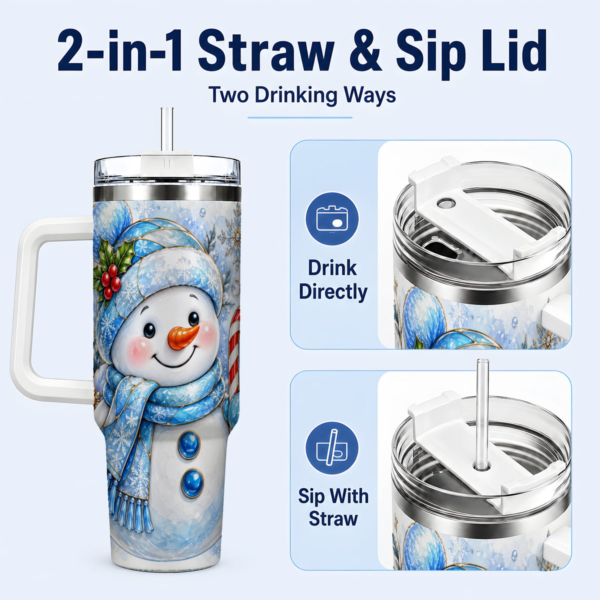 #pl[40oz|White] Elegant Snowman 40oz Tumbler with Handle, Floral Stainless Steel Travel Cup
