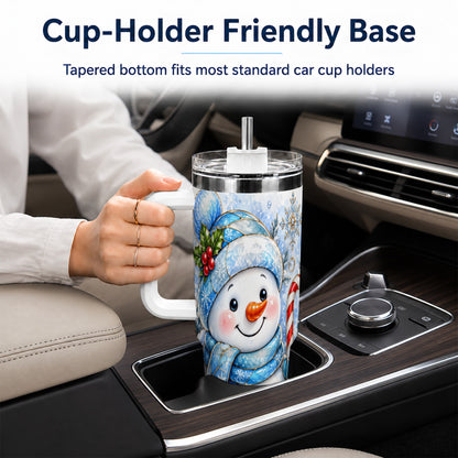 #pl[40oz|White] Elegant Snowman 40oz Tumbler with Handle, Floral Stainless Steel Travel Cup