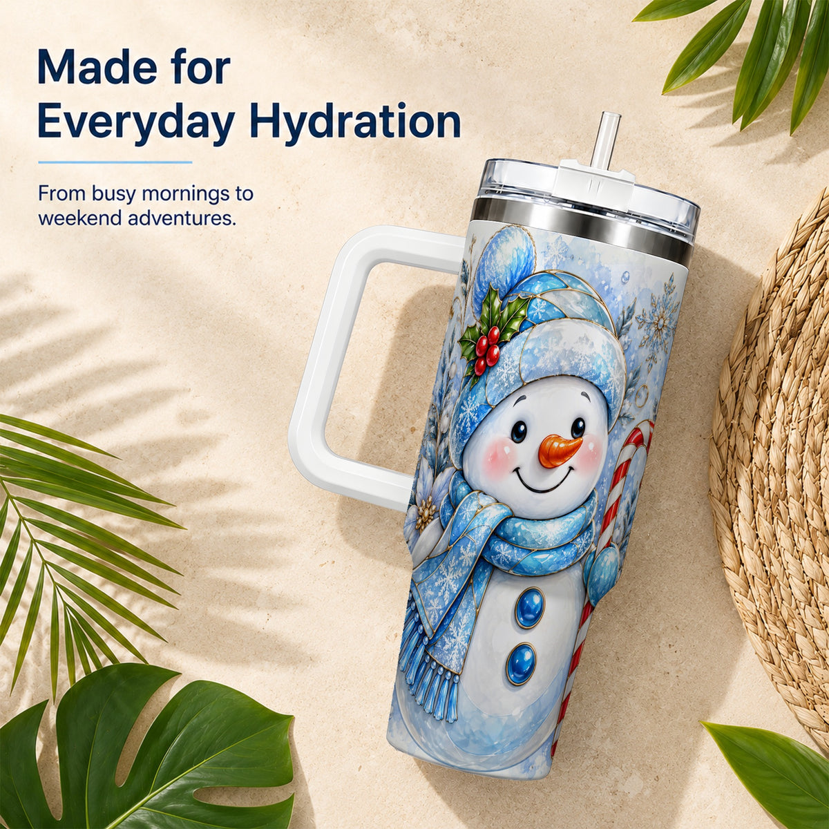 #pl[40oz|White] Elegant Snowman 40oz Tumbler with Handle, Floral Stainless Steel Travel Cup