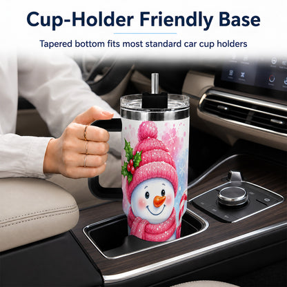 #pl[40oz|Black] Pink Snowman 40oz Tumbler with Handle, Cute Winter Steel Travel Cup