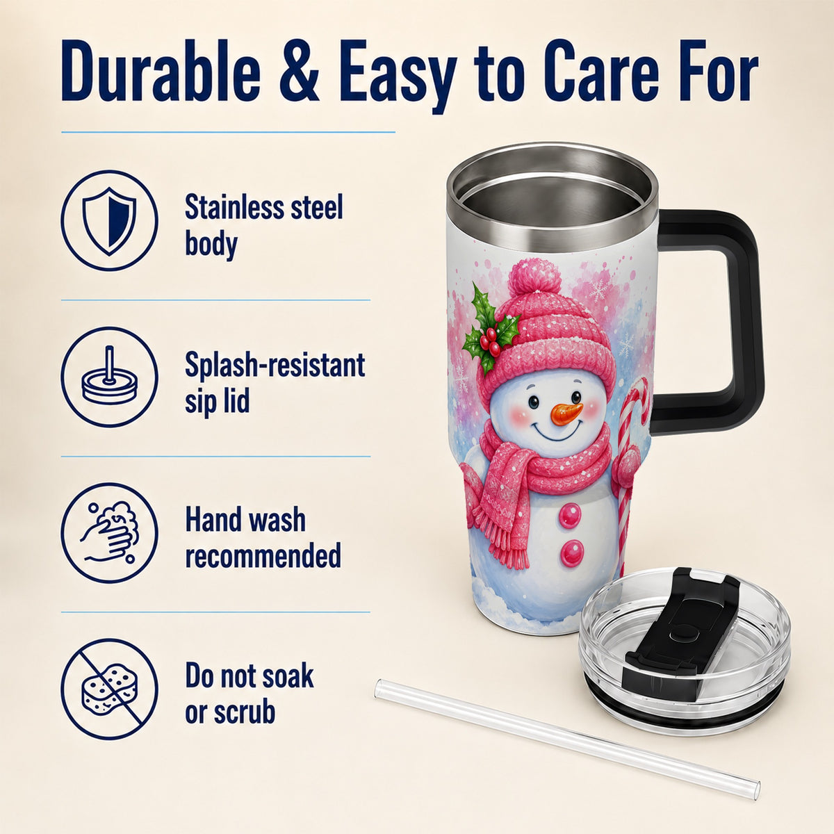 #pl[40oz|Black] Pink Snowman 40oz Tumbler with Handle, Cute Winter Steel Travel Cup