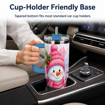#pl[40oz|Blue] Pink Snowman 40oz Tumbler with Handle, Cute Winter Steel Travel Cup