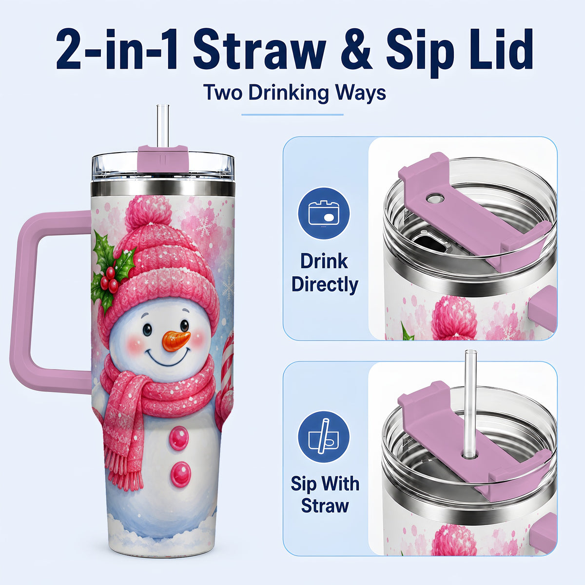 #pl[40oz|Pink] Pink Snowman 40oz Tumbler with Handle, Cute Winter Steel Travel Cup