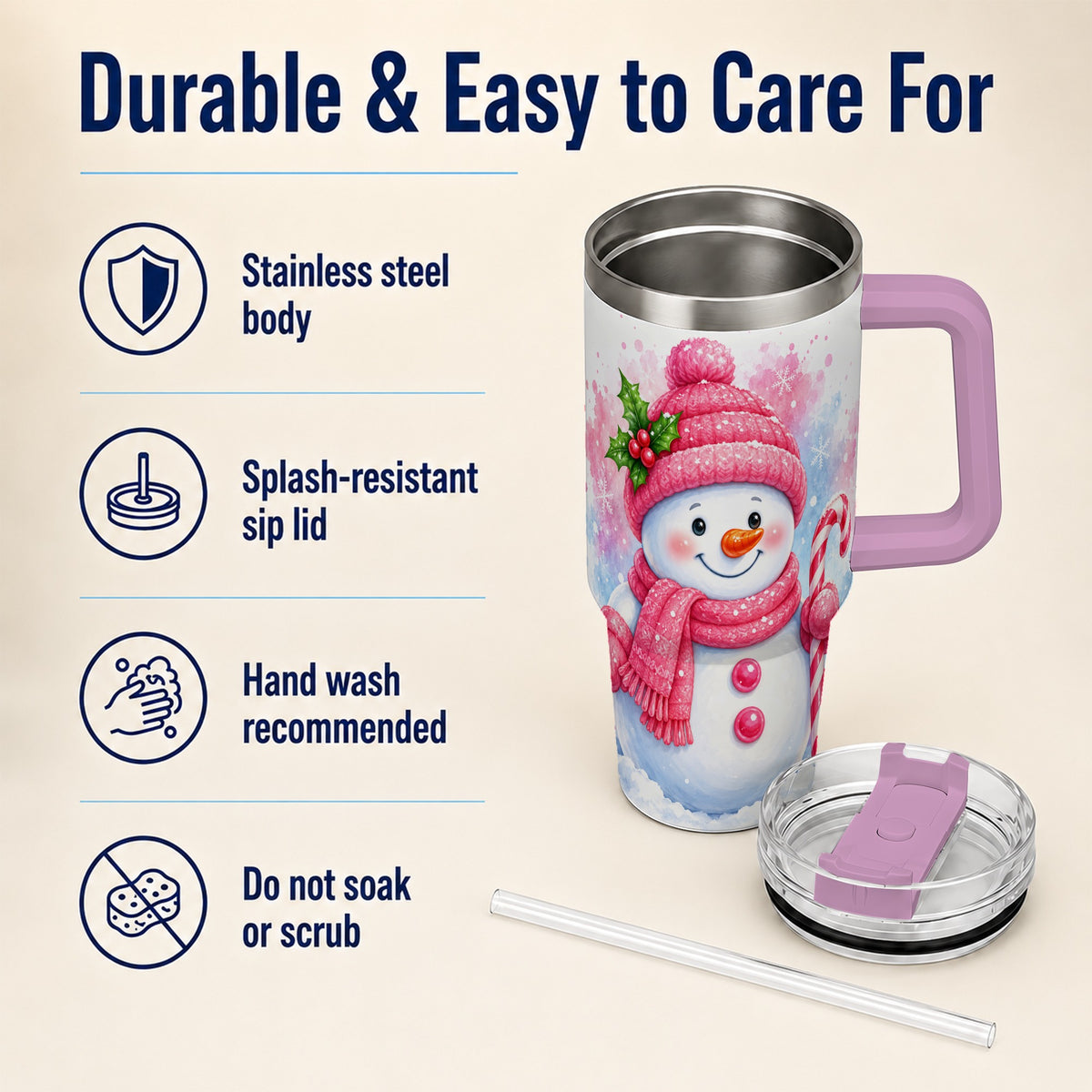 #pl[40oz|Pink] Pink Snowman 40oz Tumbler with Handle, Cute Winter Steel Travel Cup