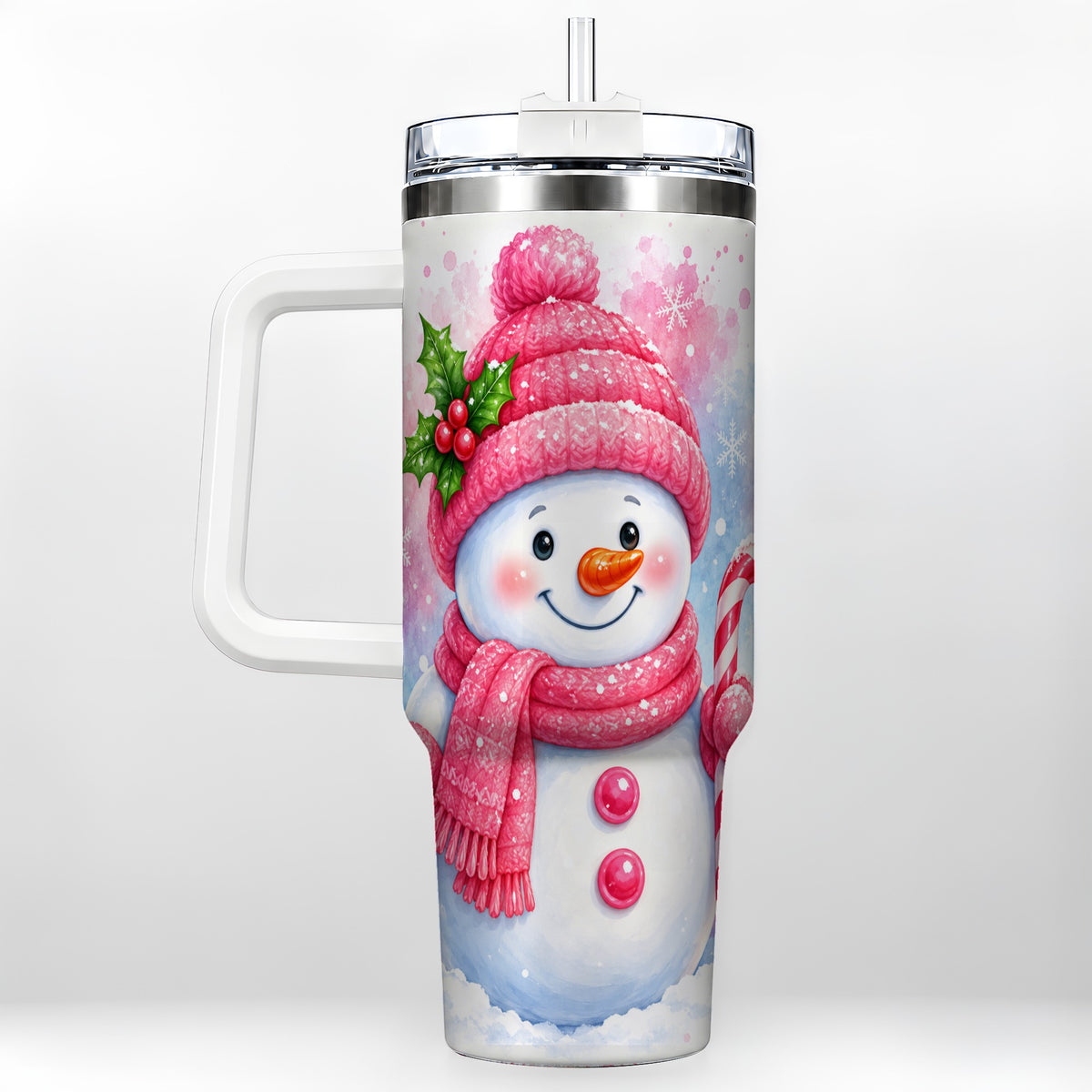 Pink Snowman 40oz Tumbler with Handle, Cute Winter Steel Travel Cup