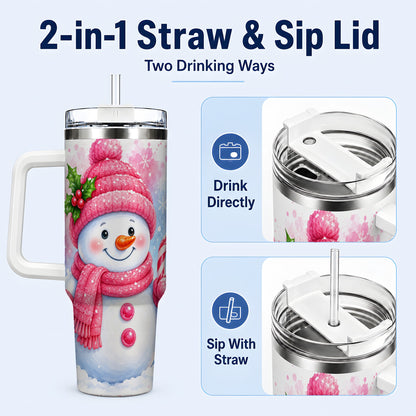 #pl[40oz|White] Pink Snowman 40oz Tumbler with Handle, Cute Winter Steel Travel Cup