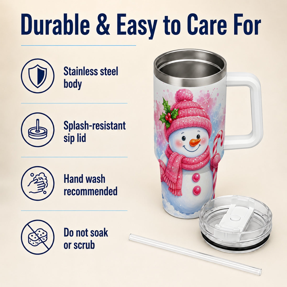 #pl[40oz|White] Pink Snowman 40oz Tumbler with Handle, Cute Winter Steel Travel Cup