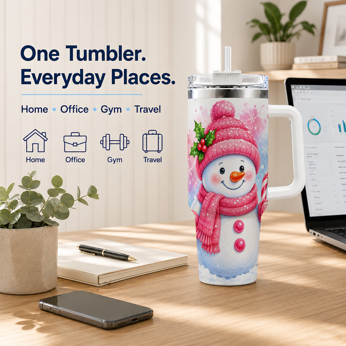 #pl[40oz|White] Pink Snowman 40oz Tumbler with Handle, Cute Winter Steel Travel Cup