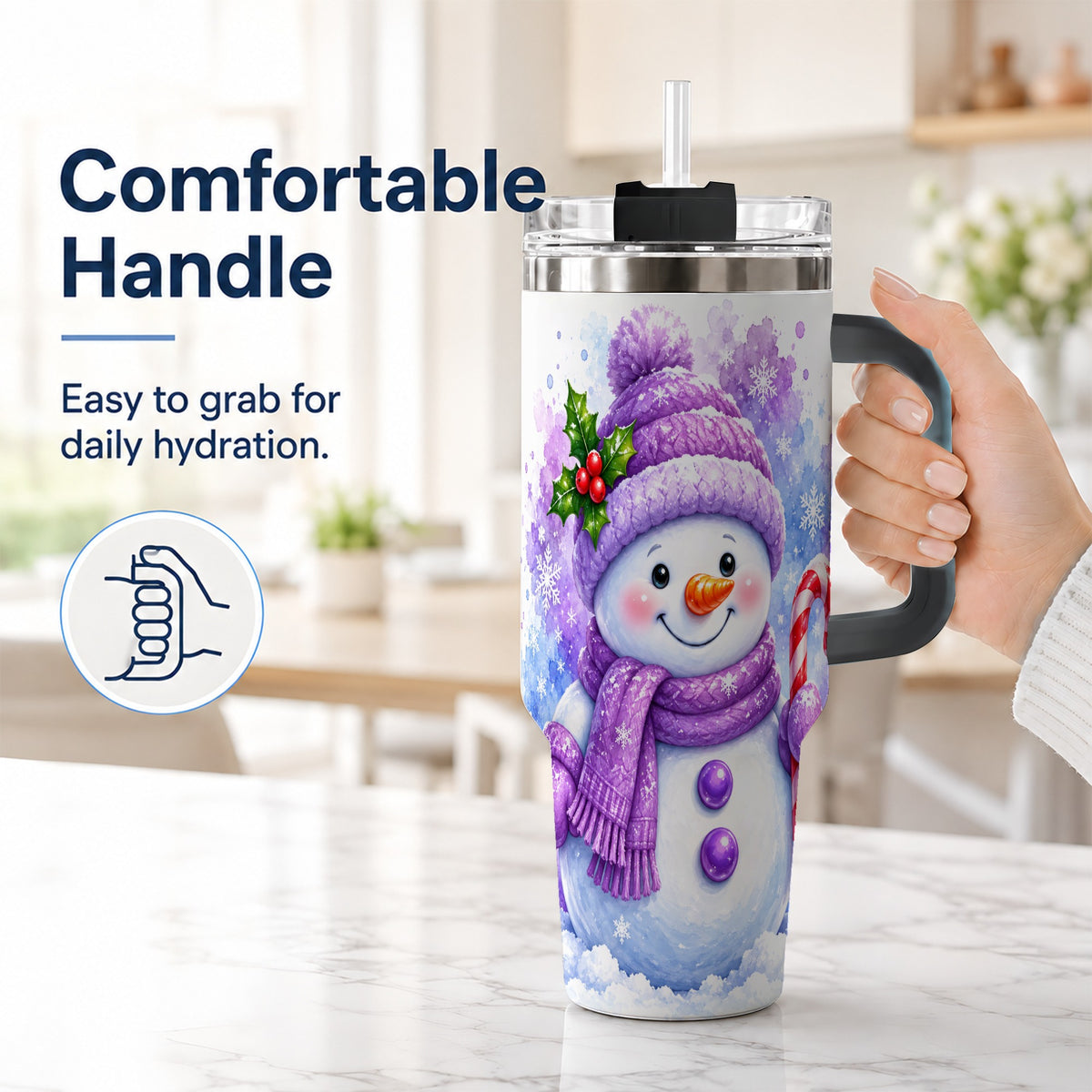 #pl[40oz|Black] Purple Snowman 40oz Tumbler with Handle, Winter Stainless Steel Travel Cup