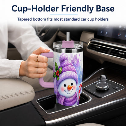 #pl[40oz|Pink] Purple Snowman 40oz Tumbler with Handle, Winter Stainless Steel Travel Cup