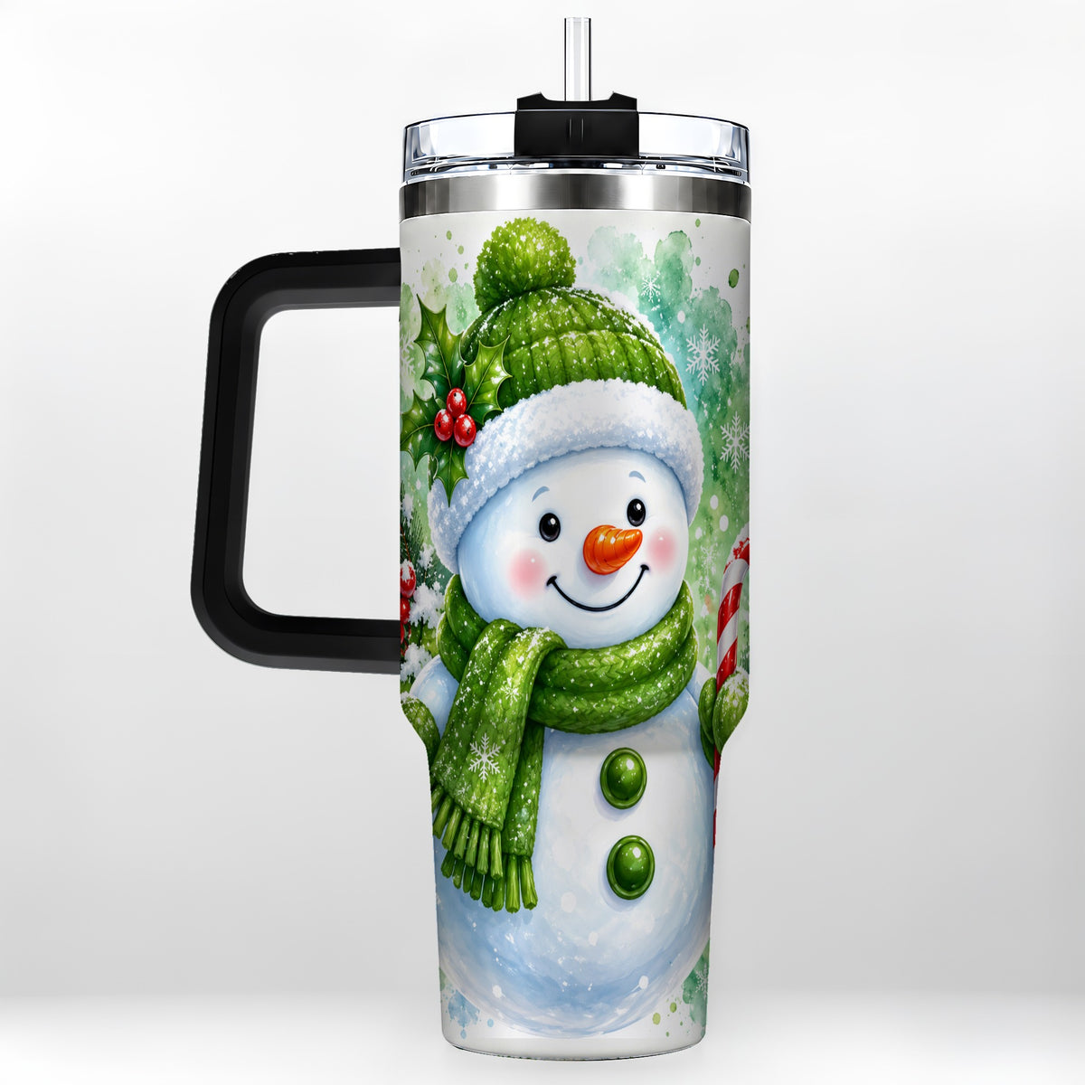 #pl[40oz|Black] Green Snowman 40oz Tumbler with Handle, Christmas Steel Travel Cup